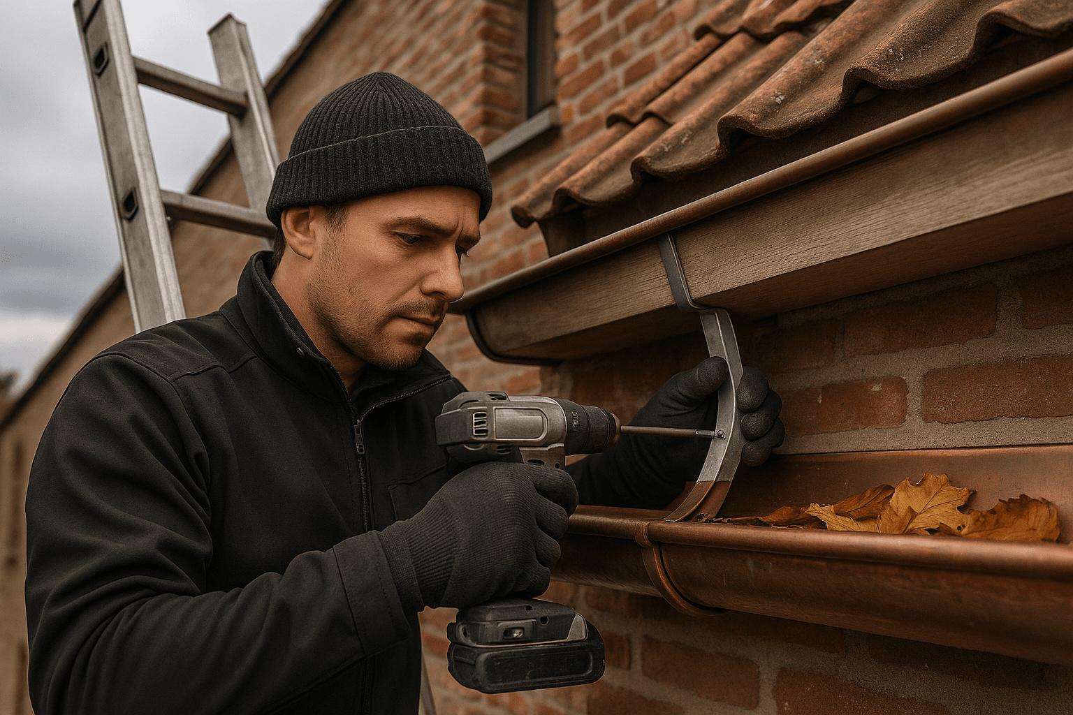 Vakman repareert zinken dakgoot op typische Belgische bakstenen woning