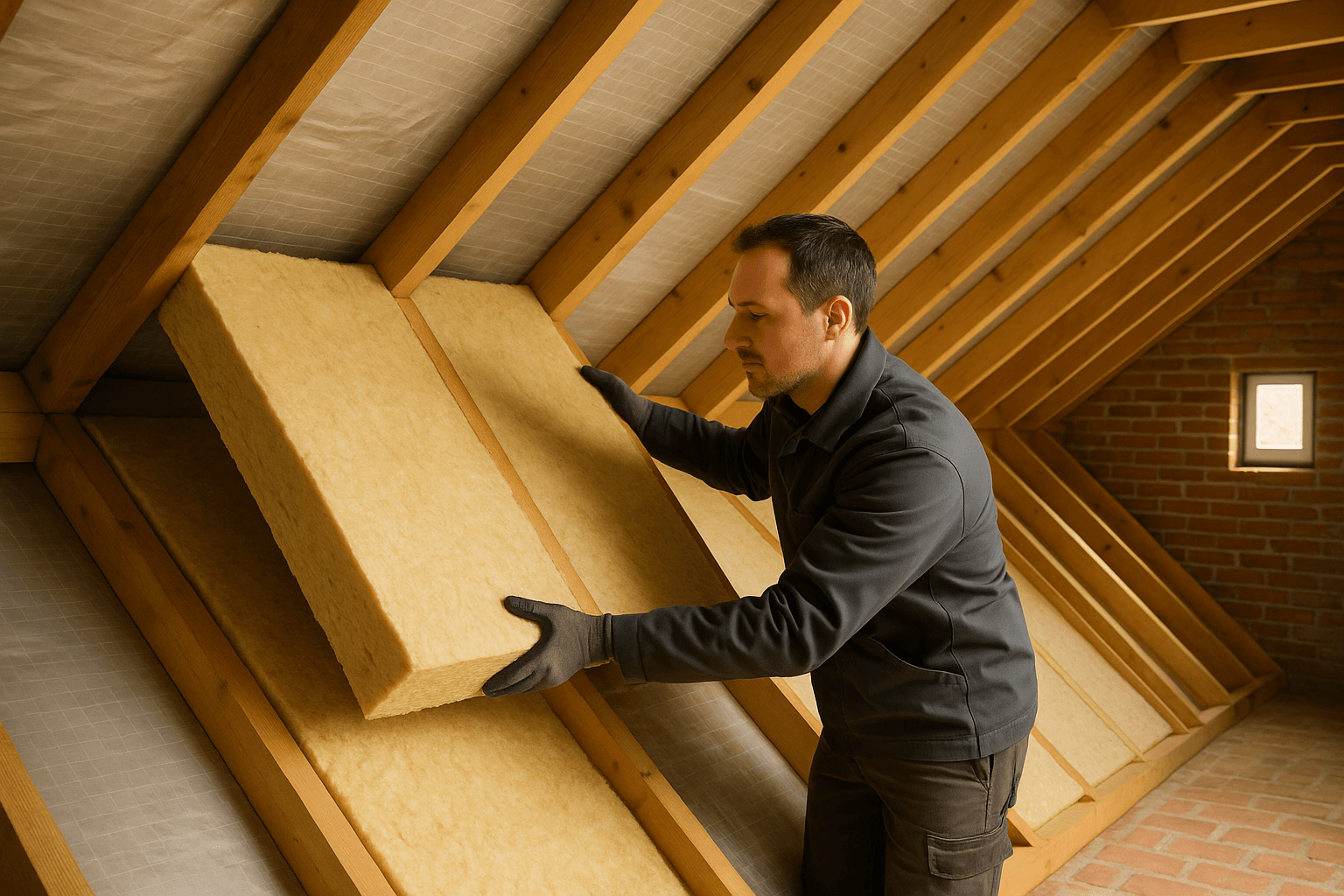 Installateur plaatst isolatieplaten tussen dakspanten op Belgische zolder