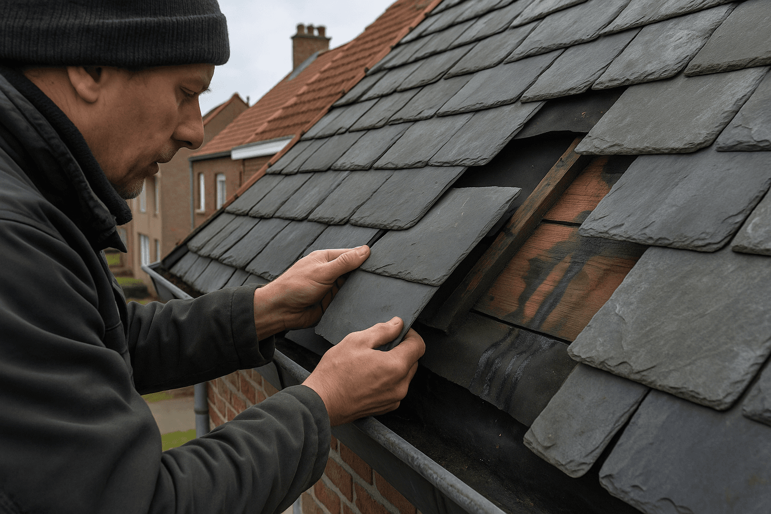 Vakman vervangt beschadigde leien op dak van Belgische woning met zichtbare waterschade