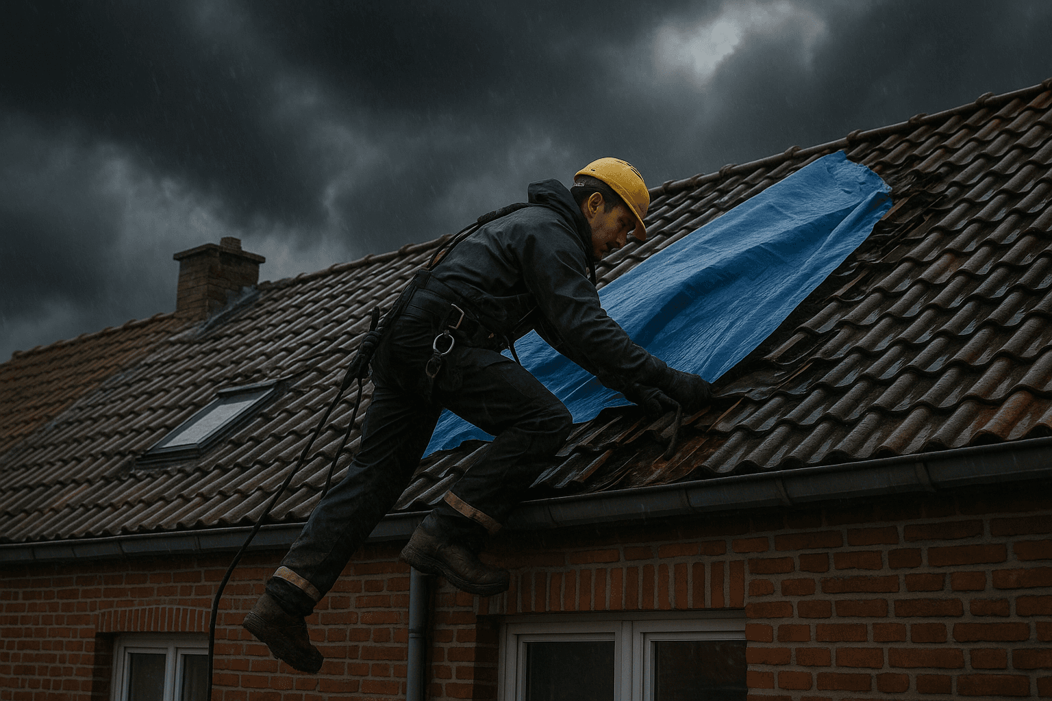 Dakwerker in veiligheidsuitrusting dicht stormschade met noodzeilen op Belgisch dak