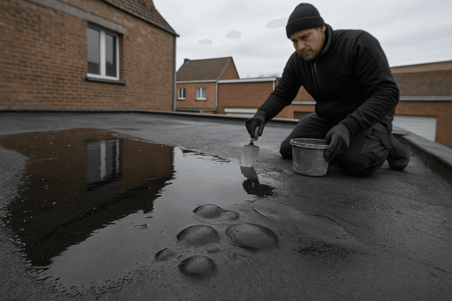 Dakwerker repareert lekkend bitumen plat dak op Belgisch gebouw